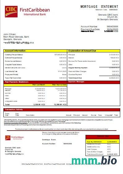 Grenada Bank CBIC wyciąg z kredytu hipotecznego szablon Word i PDF